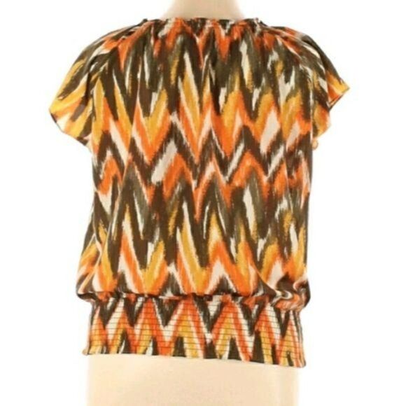 Michael Kors Warm 70's Multi Color Jewel Neck Short Flutter Sleeve Blouse Sz XL - Picture 7 of 12